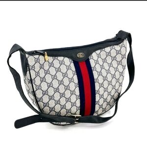 Vintage GUCCI Crossbody Bag GG Sherry Line PVC Leather Navy Shoulder Authentic
